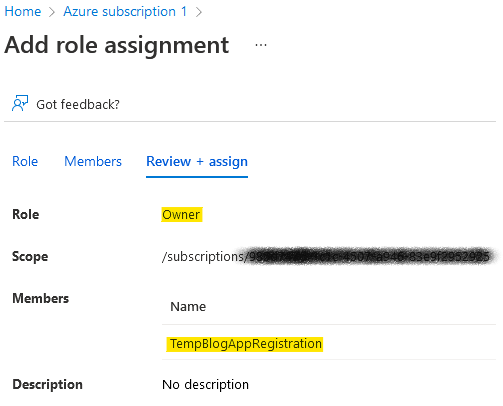 Assigning Role to App Registration
